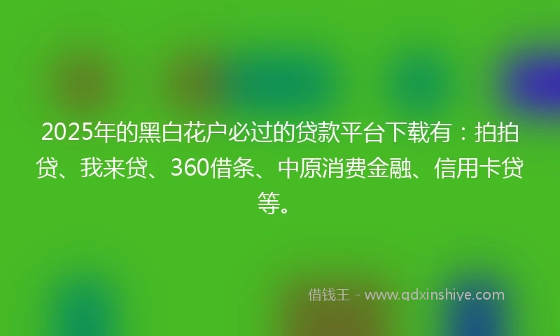 2025年的黑白花户必过的贷款平台下载有：拍拍贷、我来贷、360借条、中原消费金融、信用卡贷等。