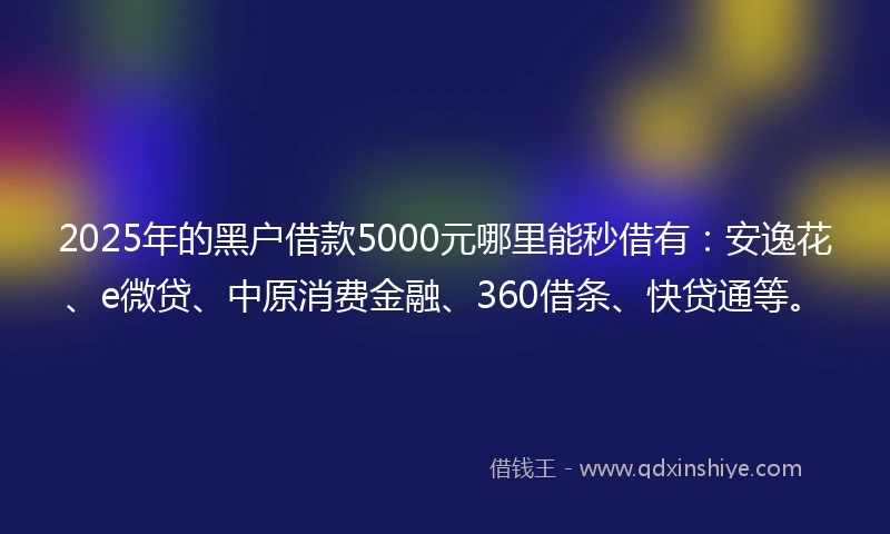 2025年的黑户借款5000元哪里能秒借有：安逸花、e微贷、中原消费金融、360借条、快贷通等。