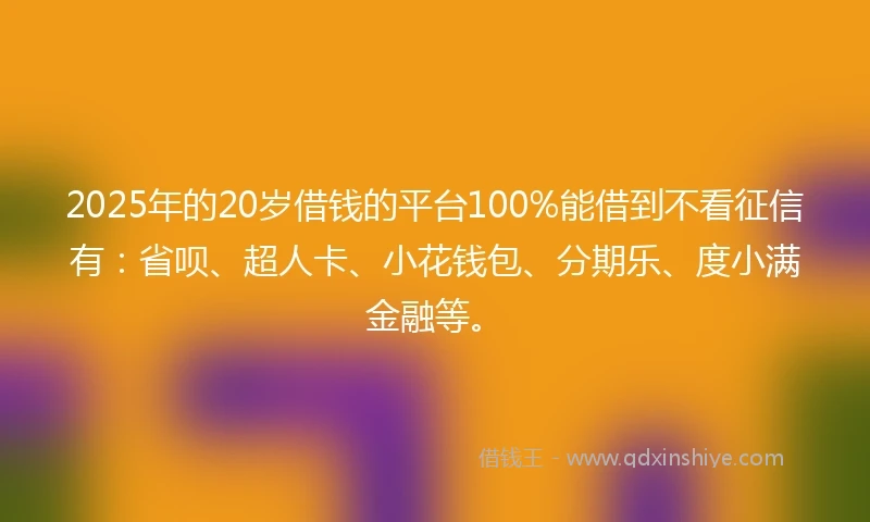 2025年的20岁借钱的平台100%能借到不看征信有：省呗、超人卡、小花钱包、分期乐、度小满金融等。