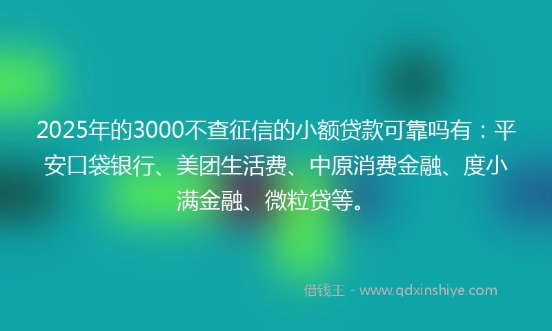 2025年的3000不查征信的小额贷款可靠吗有：平安口袋银行、美团生活费、中原消费金融、度小满金融、微粒贷等。