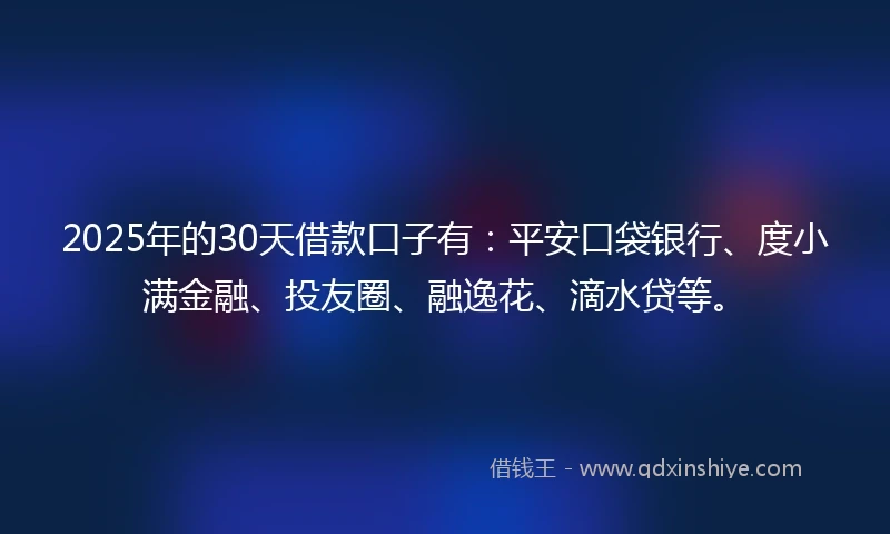 2025年的30天借款口子有：平安口袋银行、度小满金融、投友圈、融逸花、滴水贷等。