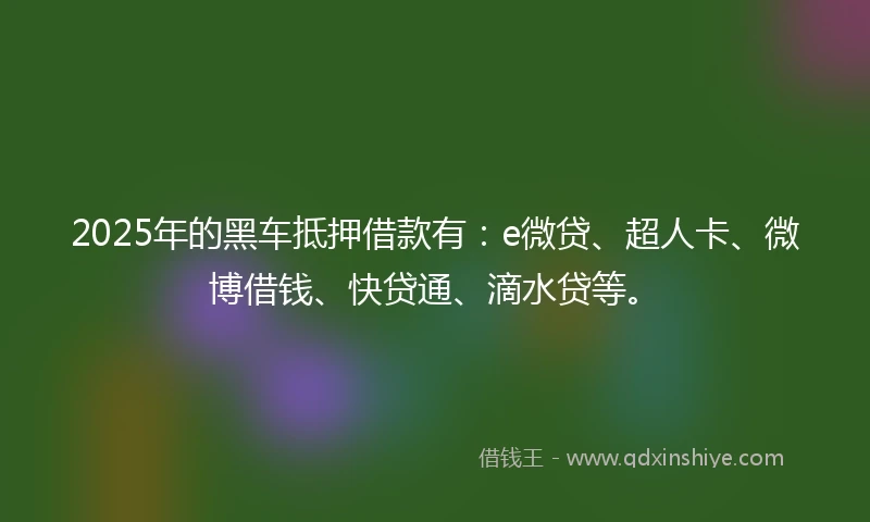 2025年的黑车抵押借款有：e微贷、超人卡、微博借钱、快贷通、滴水贷等。