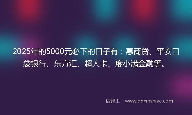 2025年的5000元必下的口子有：惠商贷、平安口袋银行、东方汇、超人卡、度小满金融等。