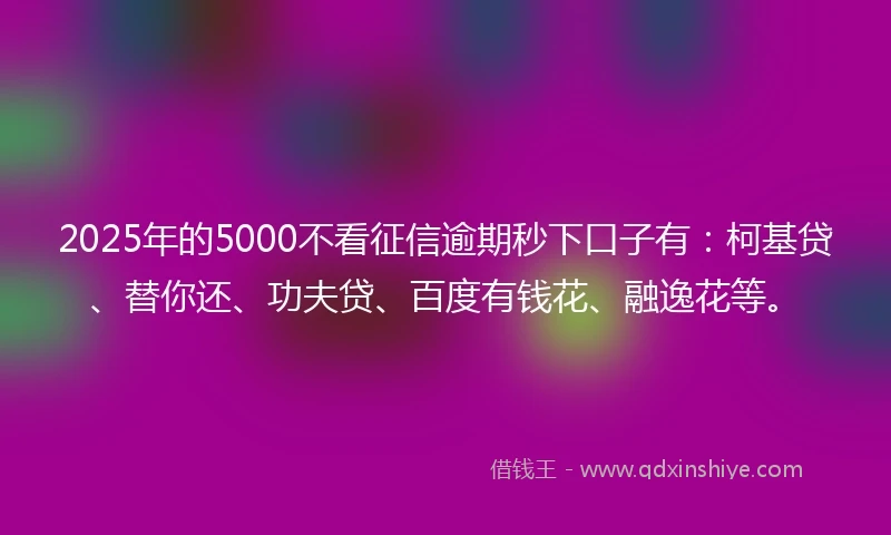 2025年的5000不看征信逾期秒下口子有：柯基贷、替你还、功夫贷、百度有钱花、融逸花等。