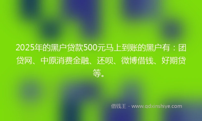 2025年的黑户贷款500元马上到账的黑户有：团贷网、中原消费金融、还呗、微博借钱、好期贷等。