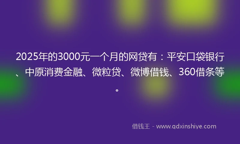 2025年的3000元一个月的网贷有：平安口袋银行、中原消费金融、微粒贷、微博借钱、360借条等。
