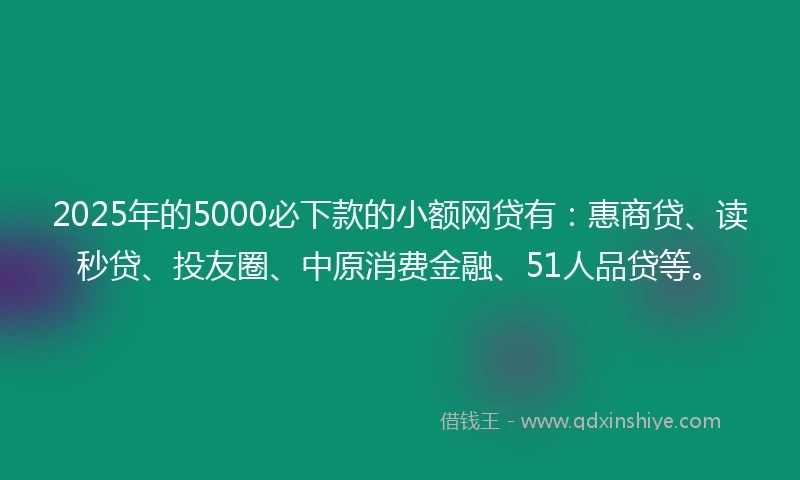 2025年的5000必下款的小额网贷有：惠商贷、读秒贷、投友圈、中原消费金融、51人品贷等。