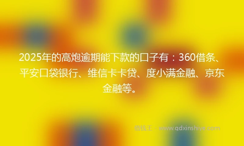 2025年的高炮逾期能下款的口子有：360借条、平安口袋银行、维信卡卡贷、度小满金融、京东金融等。