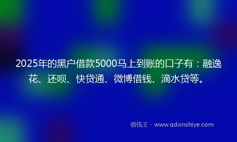 2025年的黑户借款5000马上到账的口子有：融逸花、还呗、快贷通、微博借钱、滴水贷等。