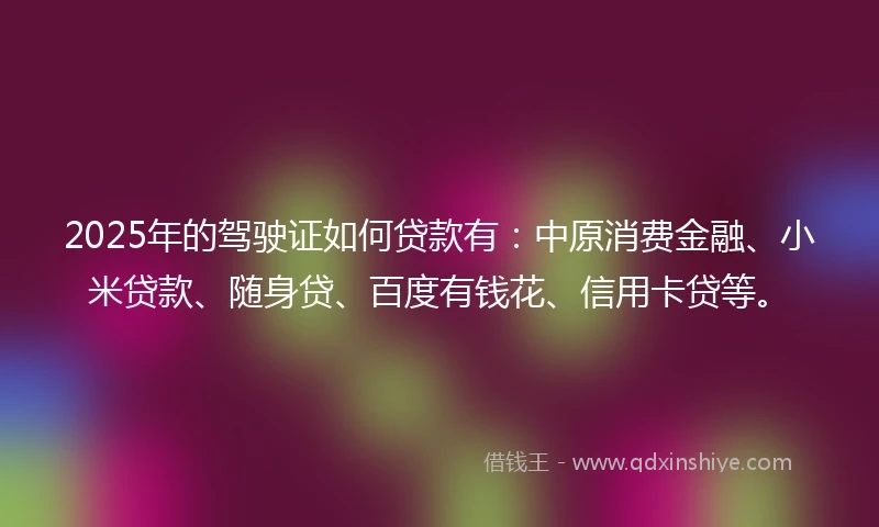 2025年的驾驶证如何贷款有:中原消费金融、小米贷款、随身贷、百度有钱花、信用卡贷等。