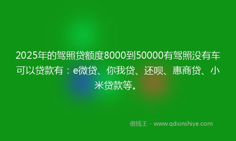 2025年的驾照贷额度8000到50000有驾照没有车可以贷款有：e微贷、你我贷、还呗、惠商贷、小米贷款等。