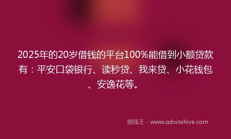 2025年的20岁借钱的平台100%能借到小额贷款有：平安口袋银行、读秒贷、我来贷、小花钱包、安逸花等。