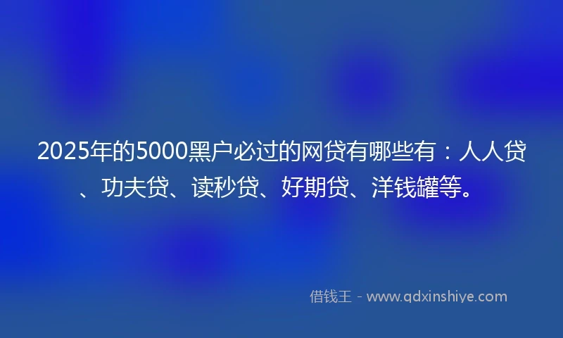 2025年的5000黑户必过的网贷有哪些有：人人贷、功夫贷、读秒贷、好期贷、洋钱罐等。