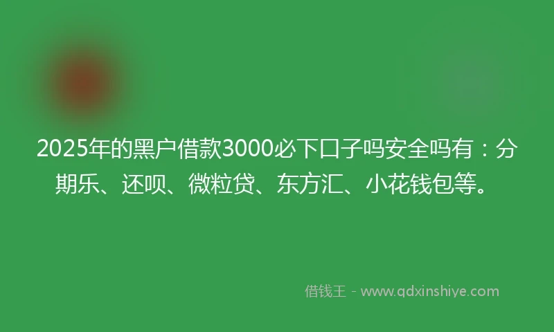 2025年的黑户借款3000必下口子吗安全吗有：分期乐、还呗、微粒贷、东方汇、小花钱包等。