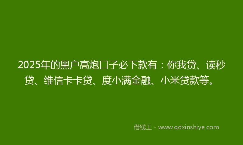 2025年的黑户高炮口子必下款有：你我贷、读秒贷、维信卡卡贷、度小满金融、小米贷款等。