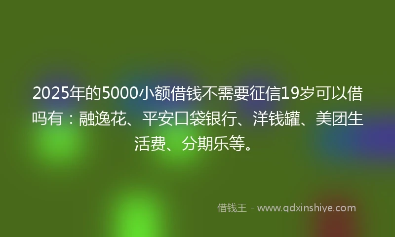 2025年的5000小额借钱不需要征信19岁可以借吗有：融逸花、平安口袋银行、洋钱罐、美团生活费、分期乐等。