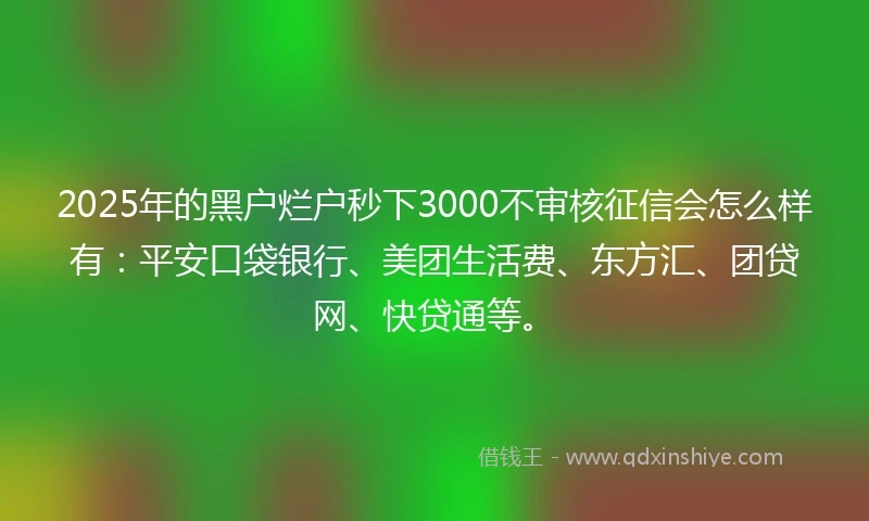 2025年的黑户烂户秒下3000不审核征信会怎么样有：平安口袋银行、美团生活费、东方汇、团贷网、快贷通等。