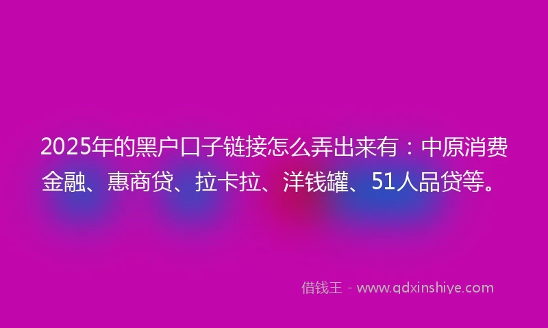 2025年的黑户口子链接怎么弄出来有：中原消费金融、惠商贷、拉卡拉、洋钱罐、51人品贷等。