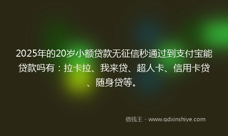 2025年的20岁小额贷款无征信秒通过到支付宝能贷款吗有：拉卡拉、我来贷、超人卡、信用卡贷、随身贷等。