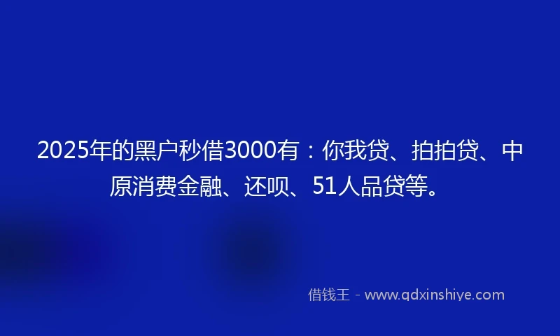 2025年的黑户秒借3000有：你我贷、拍拍贷、中原消费金融、还呗、51人品贷等。
