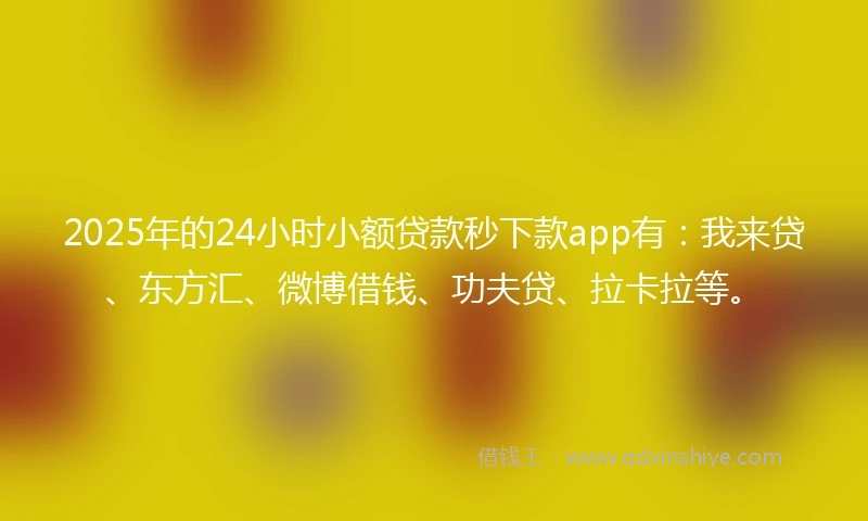 2025年的24小时小额贷款秒下款app有：我来贷、东方汇、微博借钱、功夫贷、拉卡拉等。