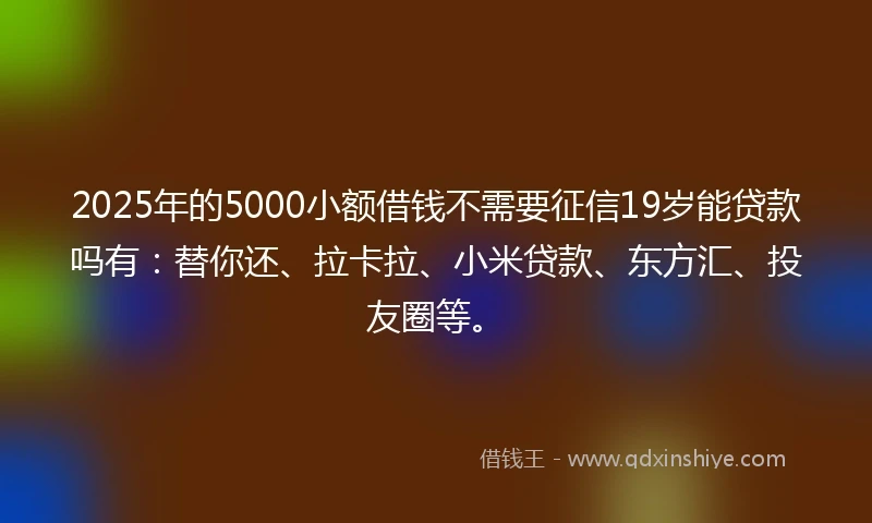 2025年的5000小额借钱不需要征信19岁能贷款吗有：替你还、拉卡拉、小米贷款、东方汇、投友圈等。
