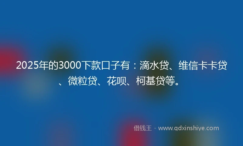 2025年的3000下款口子有：滴水贷、维信卡卡贷、微粒贷、花呗、柯基贷等。