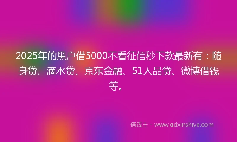 2025年的黑户借5000不看征信秒下款最新有：随身贷、滴水贷、京东金融、51人品贷、微博借钱等。