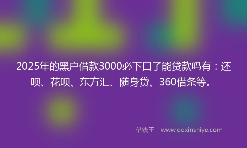 2025年的黑户借款3000必下口子能贷款吗有：还呗、花呗、东方汇、随身贷、360借条等。