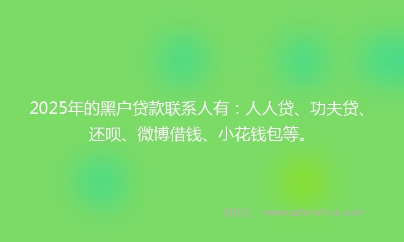 2025年的黑户贷款联系人有：人人贷、功夫贷、还呗、微博借钱、小花钱包等。