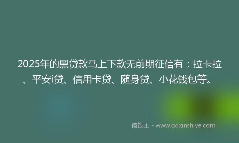 2025年的黑贷款马上下款无前期征信有：拉卡拉、平安i贷、信用卡贷、随身贷、小花钱包等。