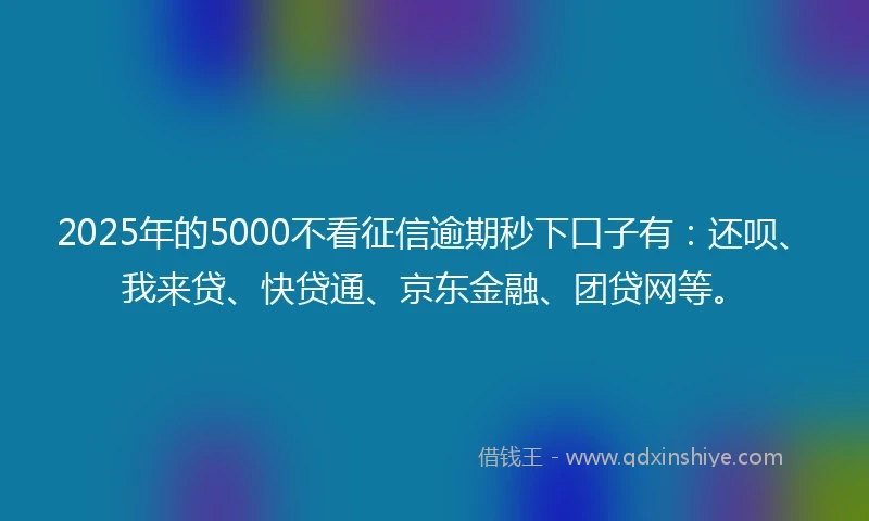 2025年的5000不看征信逾期秒下口子有：还呗、我来贷、快贷通、京东金融、团贷网等。