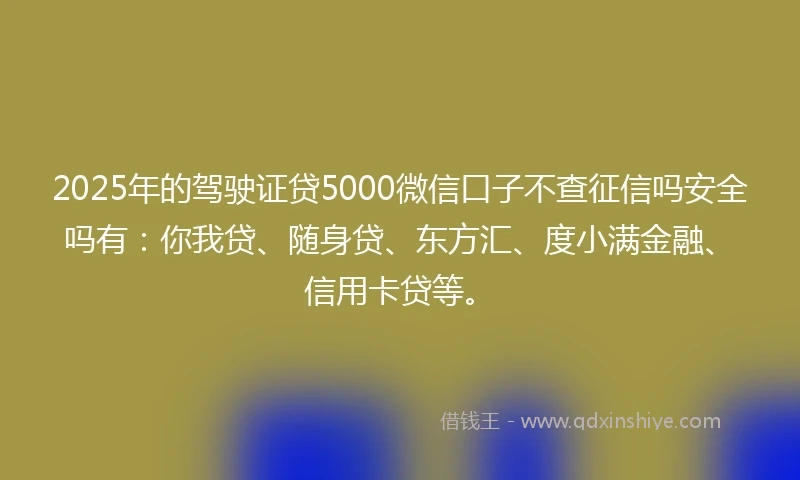 2025年的驾驶证贷5000微信口子不查征信吗安全吗有：你我贷、随身贷、东方汇、度小满金融、信用卡贷等。