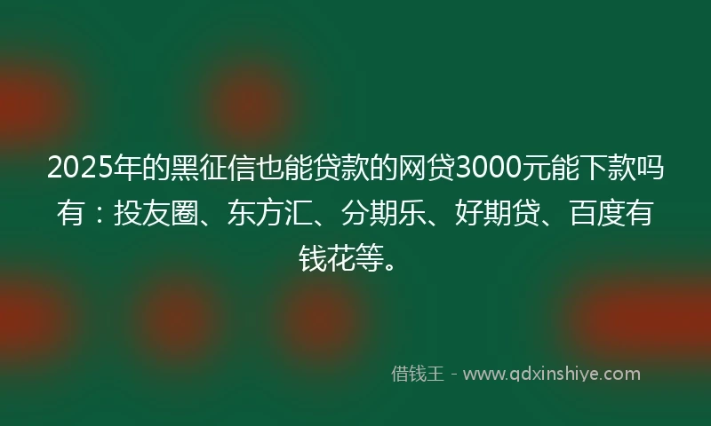 2025年的黑征信也能贷款的网贷3000元能下款吗有：投友圈、东方汇、分期乐、好期贷、百度有钱花等。