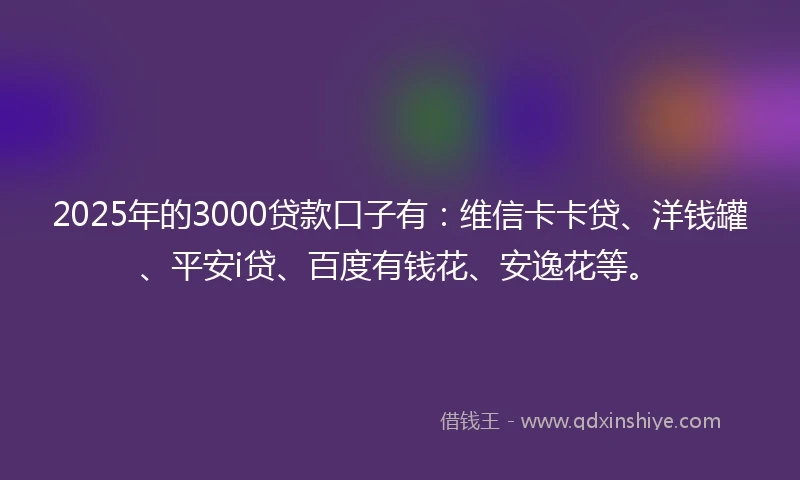 2025年的3000贷款口子有：维信卡卡贷、洋钱罐、平安i贷、百度有钱花、安逸花等。