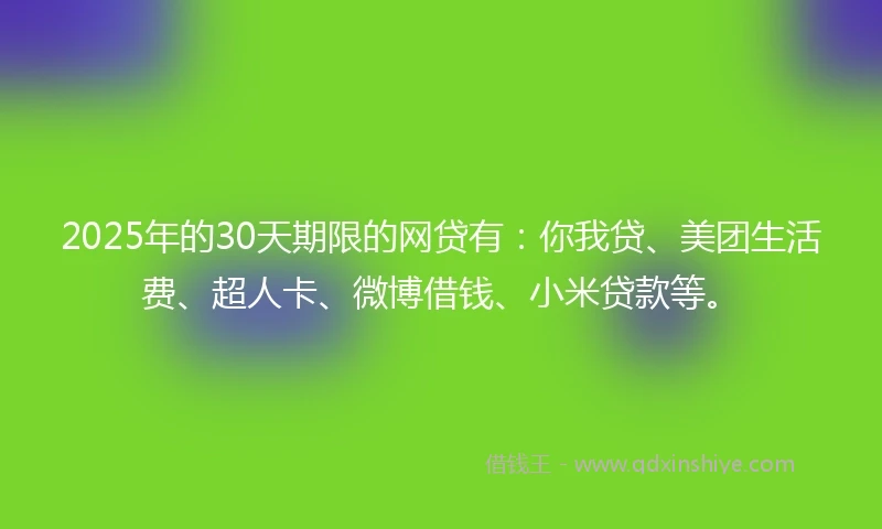 2025年的30天期限的网贷有：你我贷、美团生活费、超人卡、微博借钱、小米贷款等。