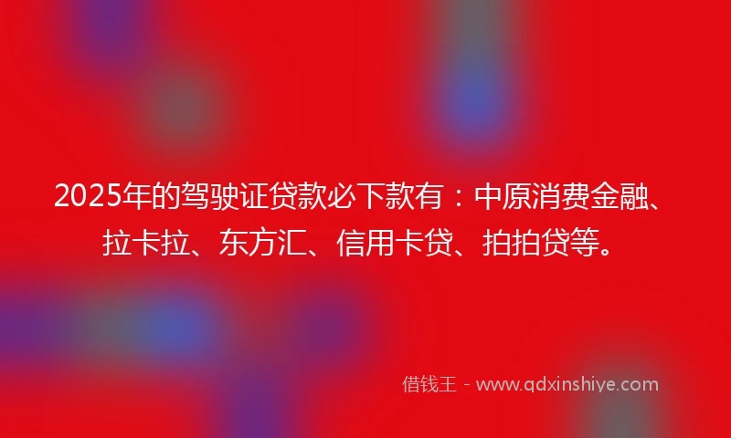 2025年的驾驶证贷款必下款有：中原消费金融、拉卡拉、东方汇、信用卡贷、拍拍贷等。