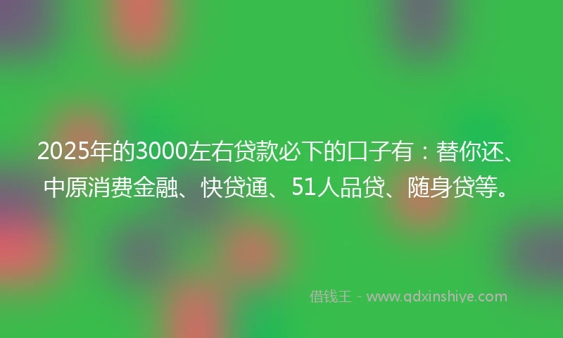 2025年的3000左右贷款必下的口子有：替你还、中原消费金融、快贷通、51人品贷、随身贷等。