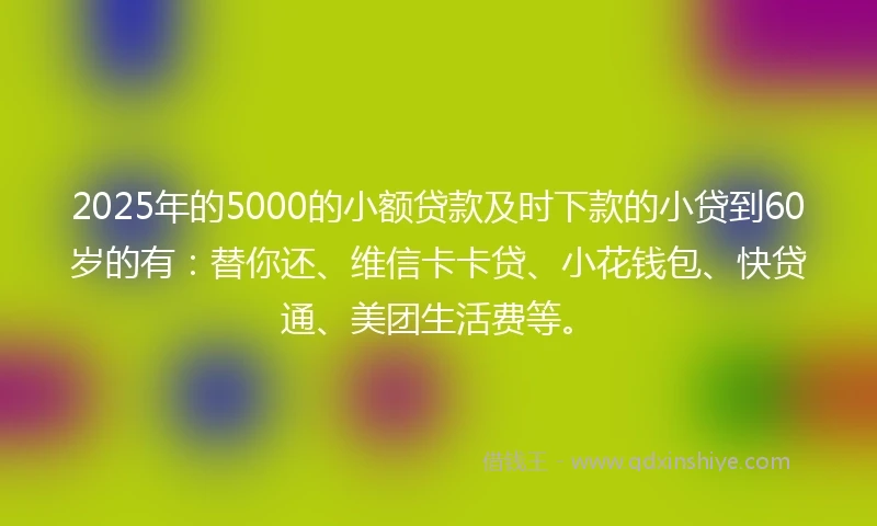 2025年的5000的小额贷款及时下款的小贷到60岁的有：替你还、维信卡卡贷、小花钱包、快贷通、美团生活费等。