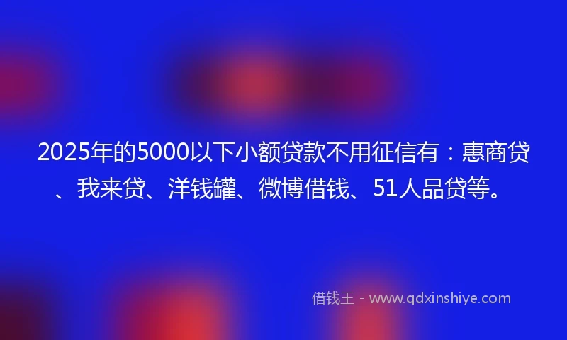 2025年的5000以下小额贷款不用征信有：惠商贷、我来贷、洋钱罐、微博借钱、51人品贷等。