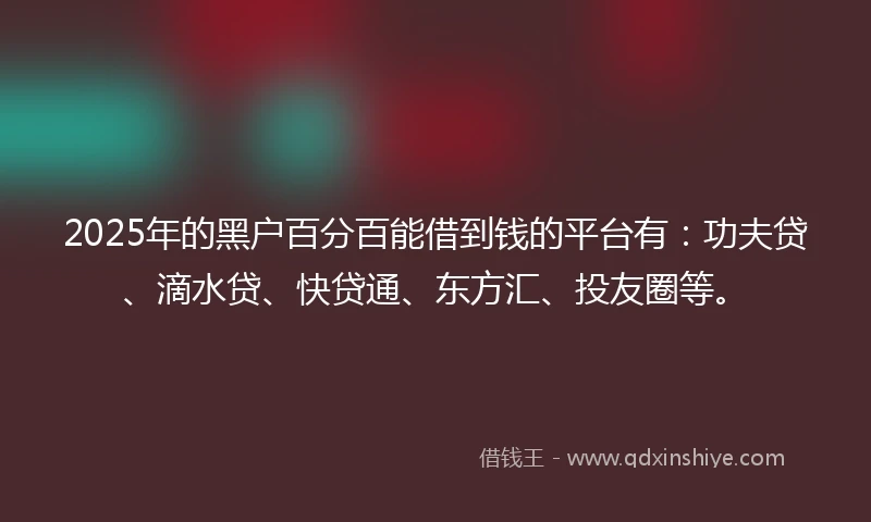 2025年的黑户百分百能借到钱的平台有：功夫贷、滴水贷、快贷通、东方汇、投友圈等。