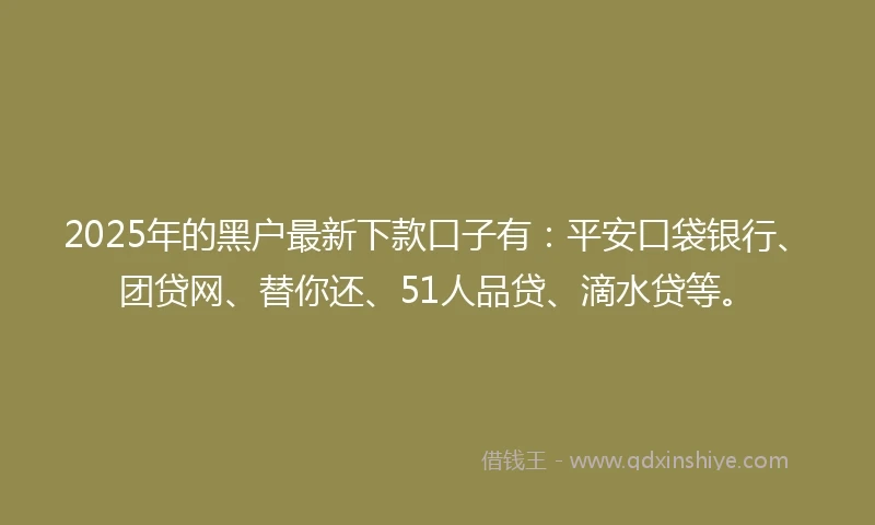 2025年的黑户最新下款口子有：平安口袋银行、团贷网、替你还、51人品贷、滴水贷等。
