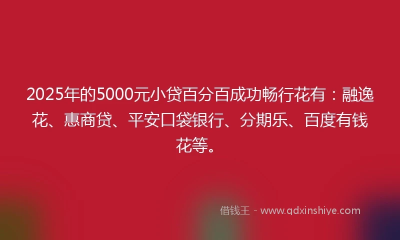 2025年的5000元小贷百分百成功畅行花有：融逸花、惠商贷、平安口袋银行、分期乐、百度有钱花等。