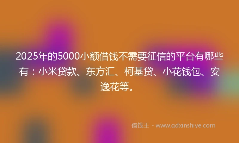 2025年的5000小额借钱不需要征信的平台有哪些有：小米贷款、东方汇、柯基贷、小花钱包、安逸花等。