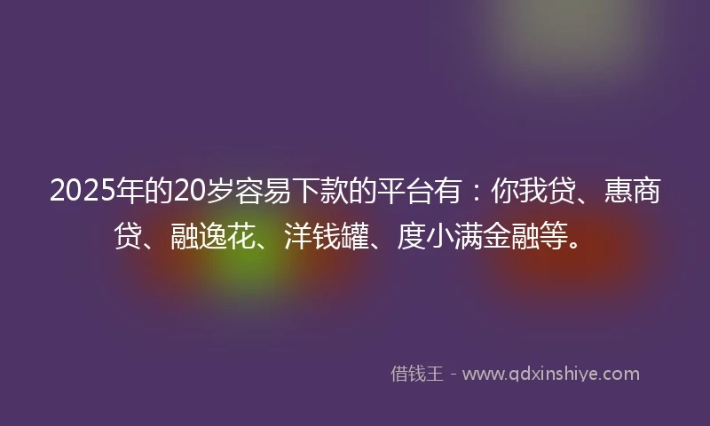 2025年的20岁容易下款的平台有：你我贷、惠商贷、融逸花、洋钱罐、度小满金融等。