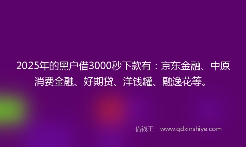 2025年的黑户借3000秒下款有：京东金融、中原消费金融、好期贷、洋钱罐、融逸花等。