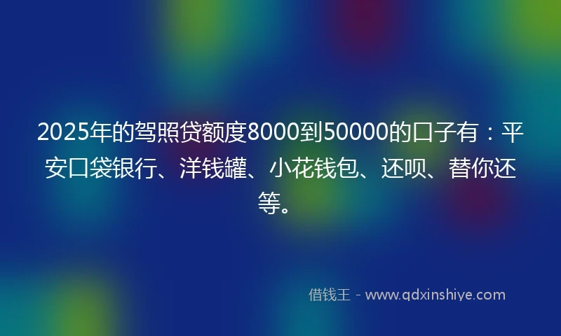 2025年的驾照贷额度8000到50000的口子有：平安口袋银行、洋钱罐、小花钱包、还呗、替你还等。