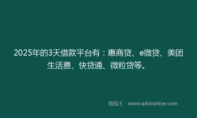 2025年的3天借款平台有：惠商贷、e微贷、美团生活费、快贷通、微粒贷等。