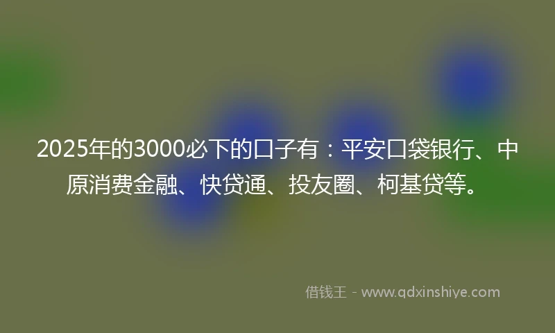 2025年的3000必下的口子有：平安口袋银行、中原消费金融、快贷通、投友圈、柯基贷等。