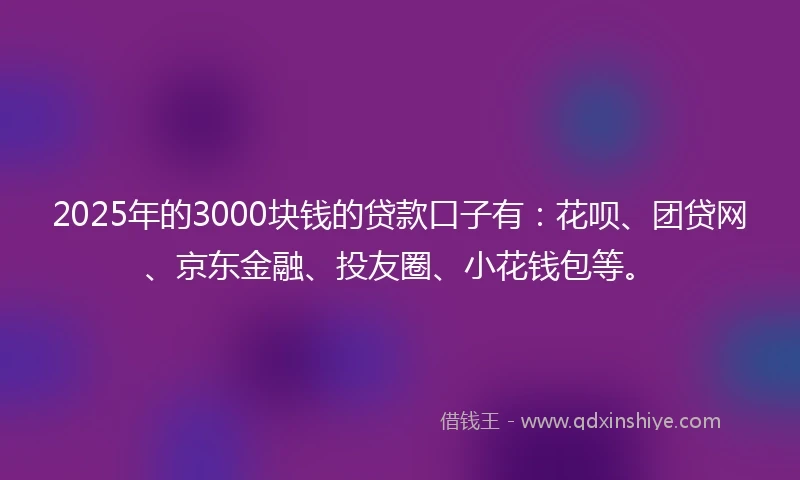 2025年的3000块钱的贷款口子有：花呗、团贷网、京东金融、投友圈、小花钱包等。